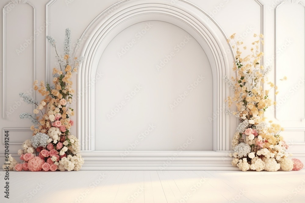 Fototapeta premium white room with an arch and flowers on the wall wedding or event background