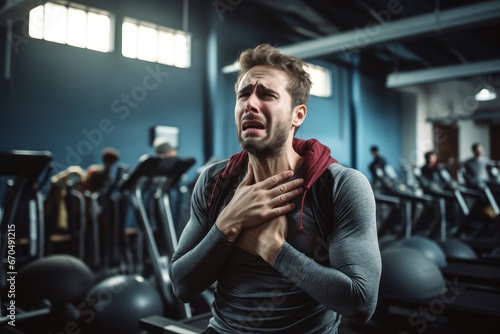 Young man having heart attack in gym interior. Suffering low cardiac activity chest. Generate Ai