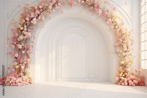 white room with an arch and flowers on the wall wedding or event background