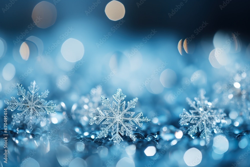 close up of snowflakes, winter blue background close up of snowflakes, winter blue background