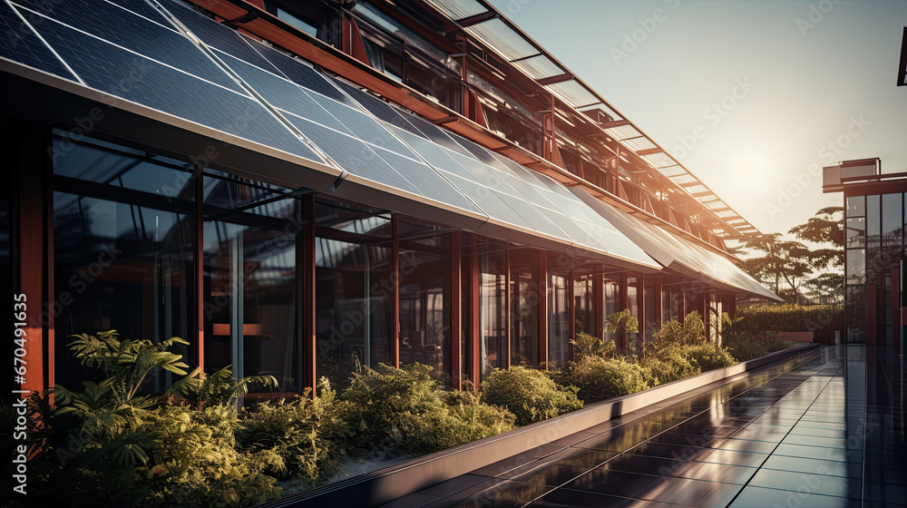 A modern building embraces renewable energy with sleek solar panels A modern building embraces renewable energy with sleek solar panels