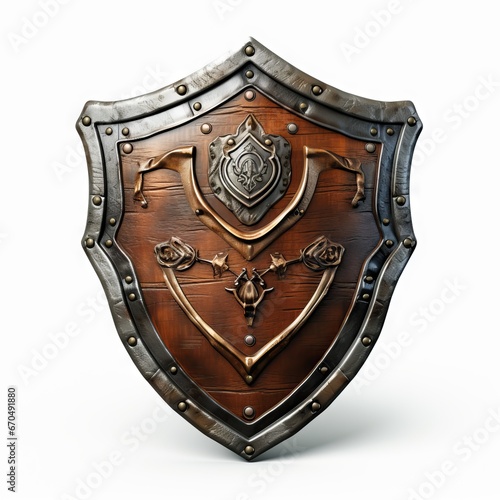 3D shield with a weathered, battle-worn appearance, isolated on white background