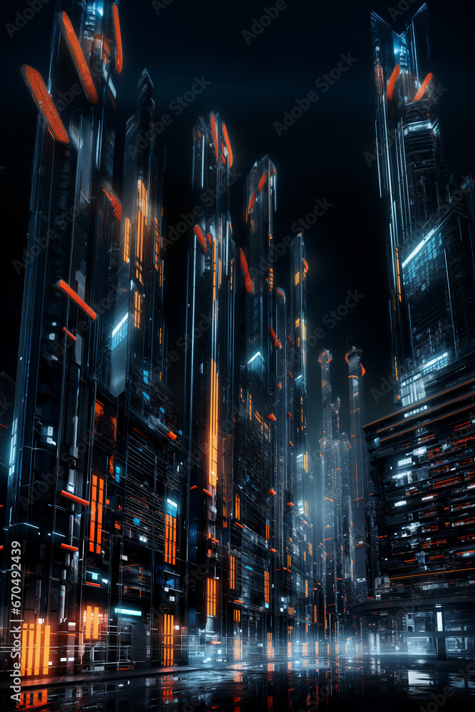 Futuristic cyberpunk urban cityscape, Neon Lights, 
city skyline at night
