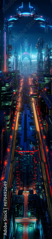 Futuristic cyberpunk urban cityscape, Neon Lights, 
traffic in the city