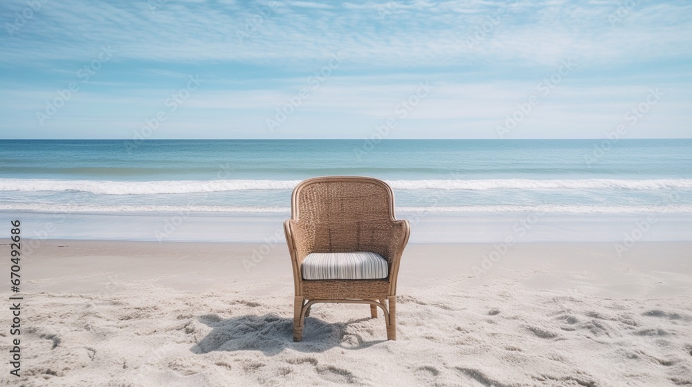 A solitary wicker chair, nestled against a backdrop of gentle surf and soft sands.