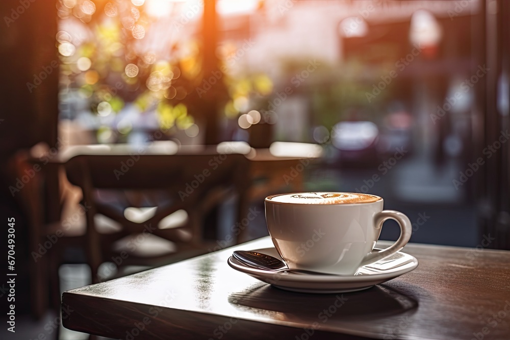 Morning indulgence. Vintage cup of aromatic cappuccino on wooden table. Cafe comfort. Close up of fresh with frothy milk and espresso