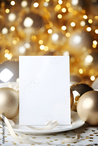 carte d'invitation vierge pour une fête du nouvel an avec décoration blanche et dorée - format portrait photo