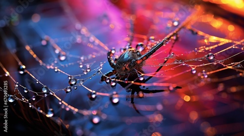 A spider patiently waiting in its dew-covered web, as the droplets reflect the myriad colors of the dawn. photo