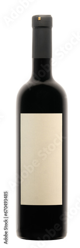 Red wine bottle with white etiquette on white copy space