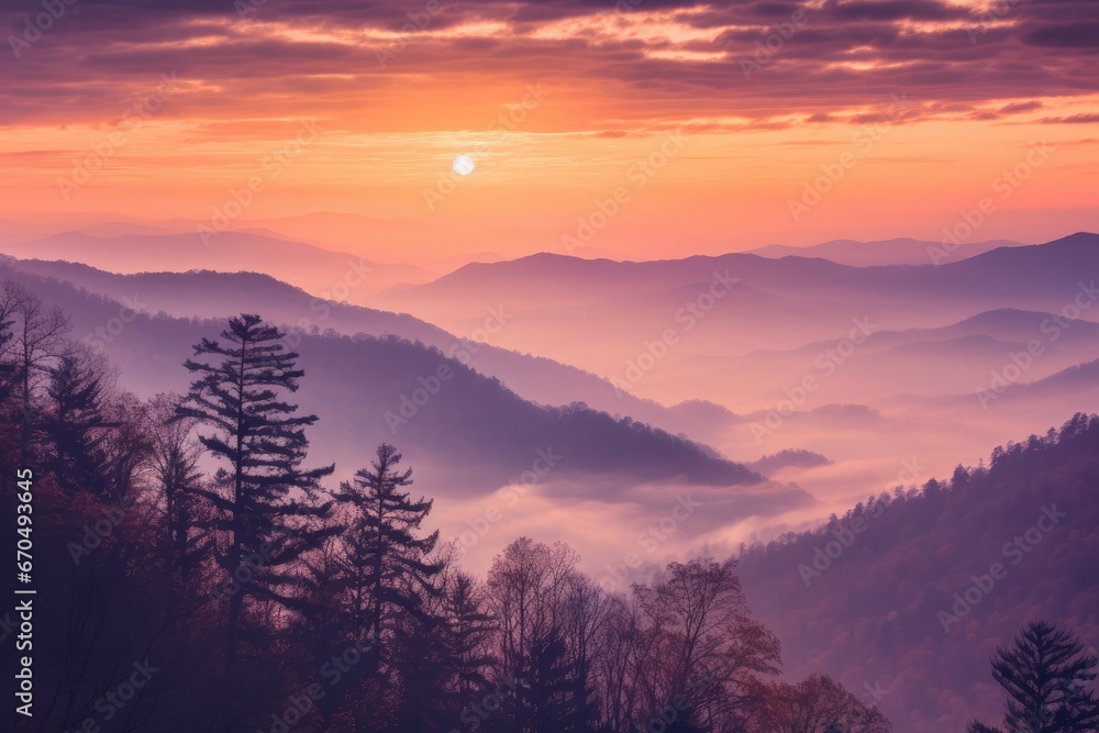 Foggy mountains in autumn during sunset. Purple mountain tops with fog.