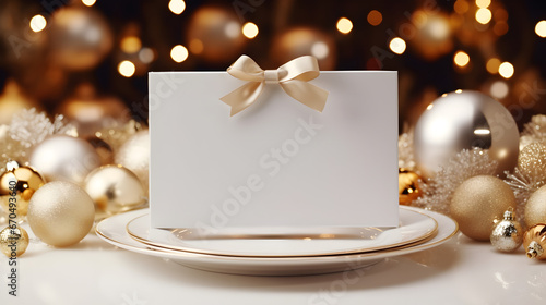 carte d'invitation vierge pour une fête du nouvel an avec décoration blanche et dorée photo