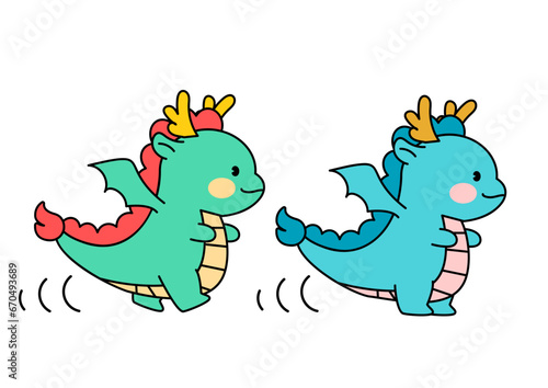 걸어가는 옆모습의 용 캐릭터 일러스트