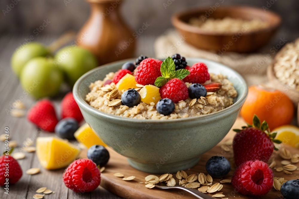 Oatmeal with fruits and berries. Healthy fitness breakfast. Proper nutrition. Healthy lifestyle concept. Generative Ai. Oatmeal with fruits and berries. Healthy fitness breakfast. Proper nutrition. Healthy lifestyle concept. Generative Ai.