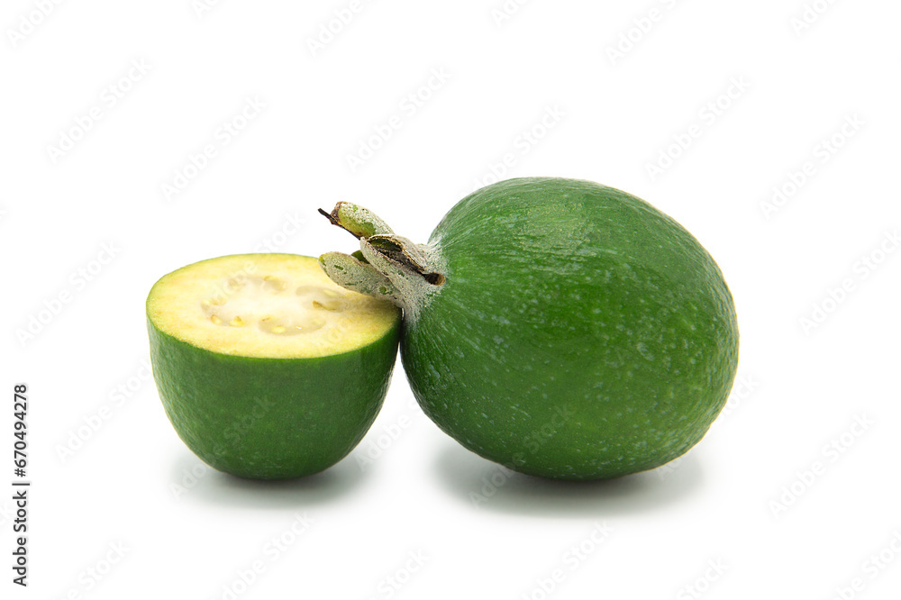 Fresh ripe feijoa whole and half isolated on white background. Fresh ripe feijoa whole and half isolated on white background.
