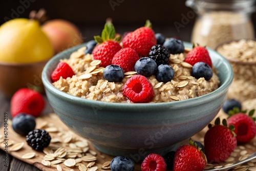 Oatmeal with fruits and berries. Healthy fitness breakfast. Proper nutrition. Healthy lifestyle concept. Generative Ai.