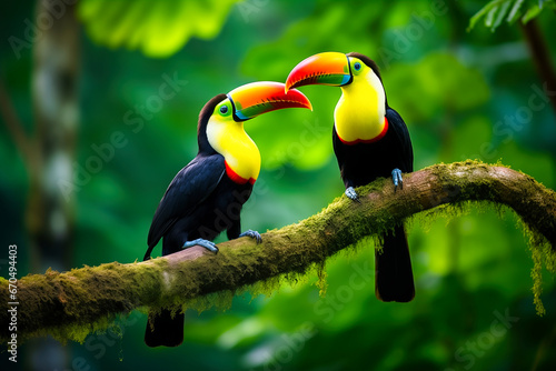 Toucan couple on the branch in the forest. Wildlife scene from nature.