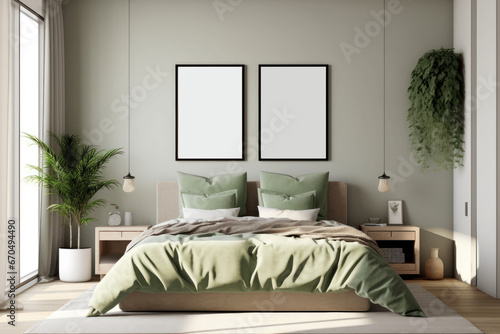 Sage Green bedroom wall art mock up. Set of two frames above bed wall art in minimalist modern interior photo