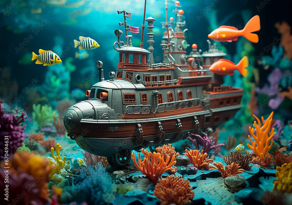 Lustiges Spielzeug Uboot in einer Spielzeug Wasserwelt - obrazy, fototapety, plakaty 