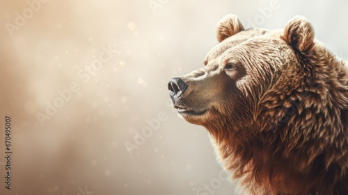Closeup of a big grizzly bear on a light background with copy space created with Generative AI