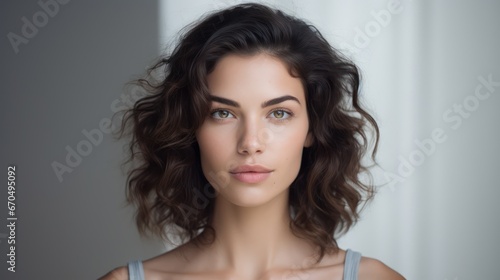 Wallpaper Mural Portrait of beautiful young woman with long curly hair looking at camera Generative AI Torontodigital.ca