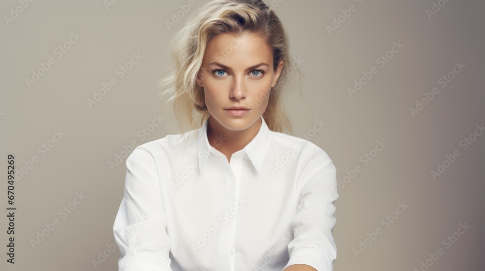 Fototapeta premium Portrait of a beautiful young blonde woman in a white shirt. Generative AI