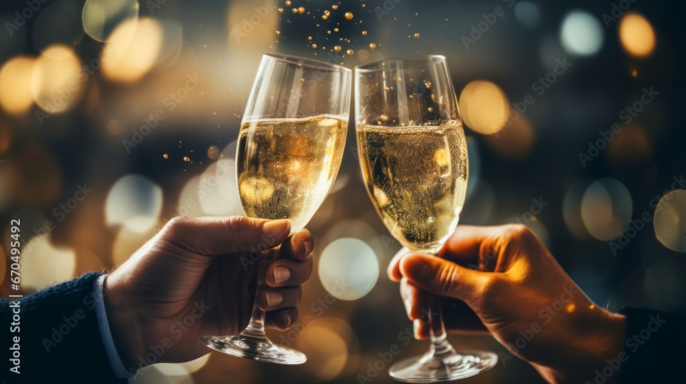 Celebrate with champagne Capture the festive mood of a party with this elegant photo of two hands clinking champagne glasses against a sparkling bokeh background. - obrazy, fototapety, plakaty 