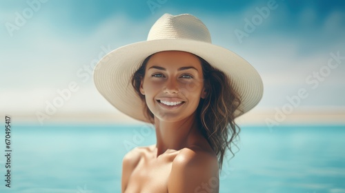 Portrait of a beautiful young woman in a hat on the beach Generative AI