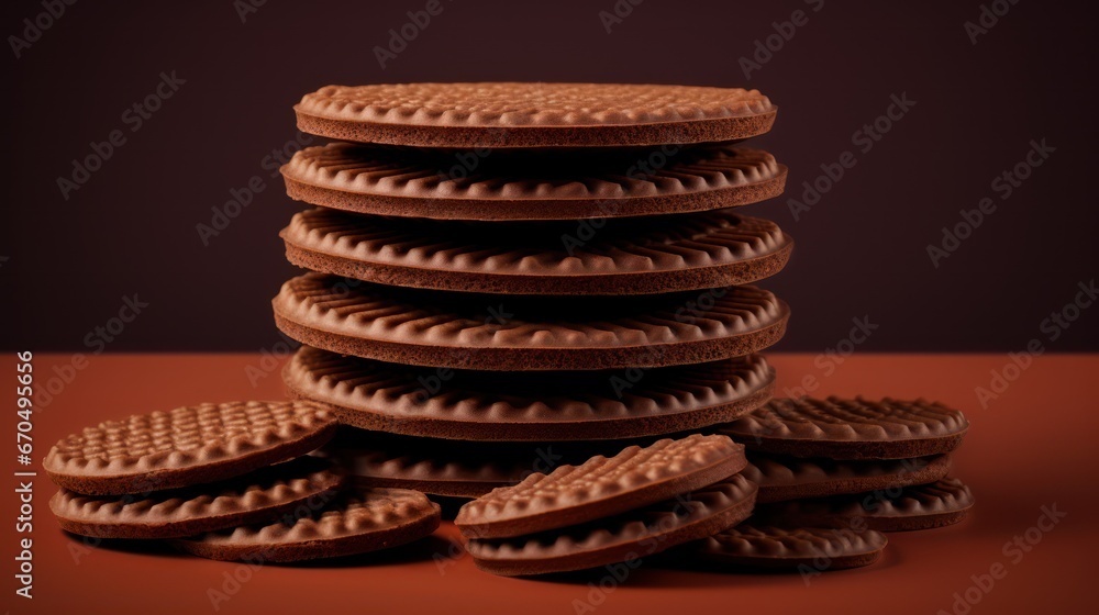 Stack of chocolate cookies on a dark background. 3d rendering. Generative AI Stack of chocolate cookies on a dark background. 3d rendering. Generative AI