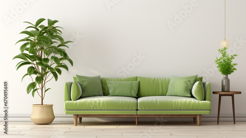 Green sofa and wooden table in living room interior with plant, white wall. © Designcy Studio
