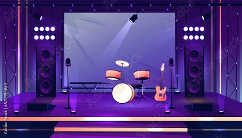 Music concert scene for performers and musicians. Vector stage with drums kit and microphones, loudspeakers and lights, acoustic guitar. Festival or live show location with instruments