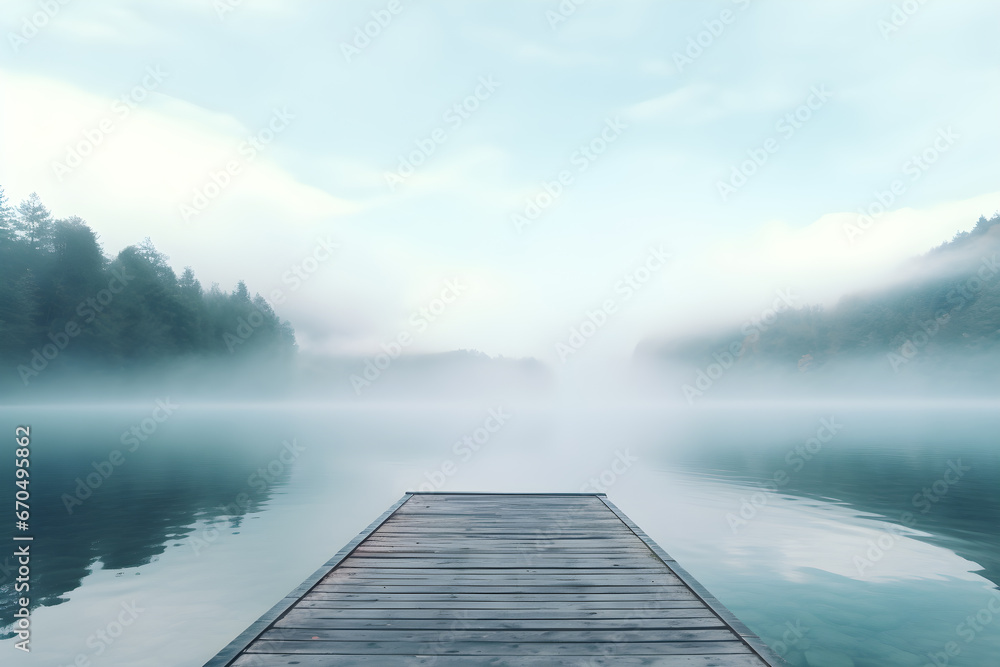 Fototapeta premium Foggy sunrise near the lake. Misty lake in the early morning. fog in the morning forest. The wooden bridge is a foreground.
