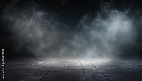 Background of an empty dark room. Empty walls, lights, smoke, Abstract light in a dark empty street with smoke. Dark street, night smog and smoke. 