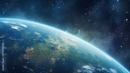 Earth from space with visible city lights and atmosphere. 3D rendering Generative AI