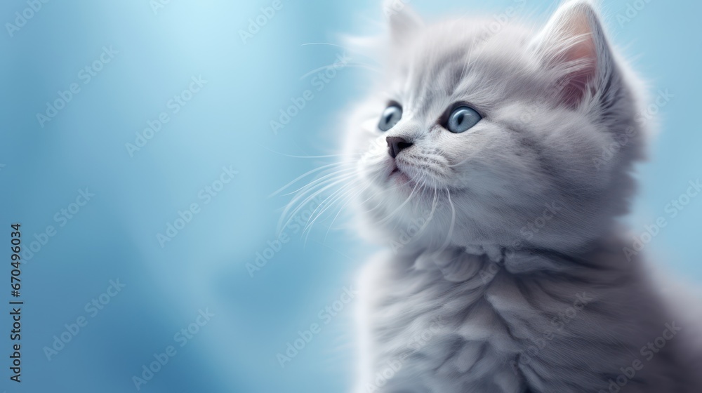 Portrait of persian kitten on blue background. Shallow depth of field. Generative AI
