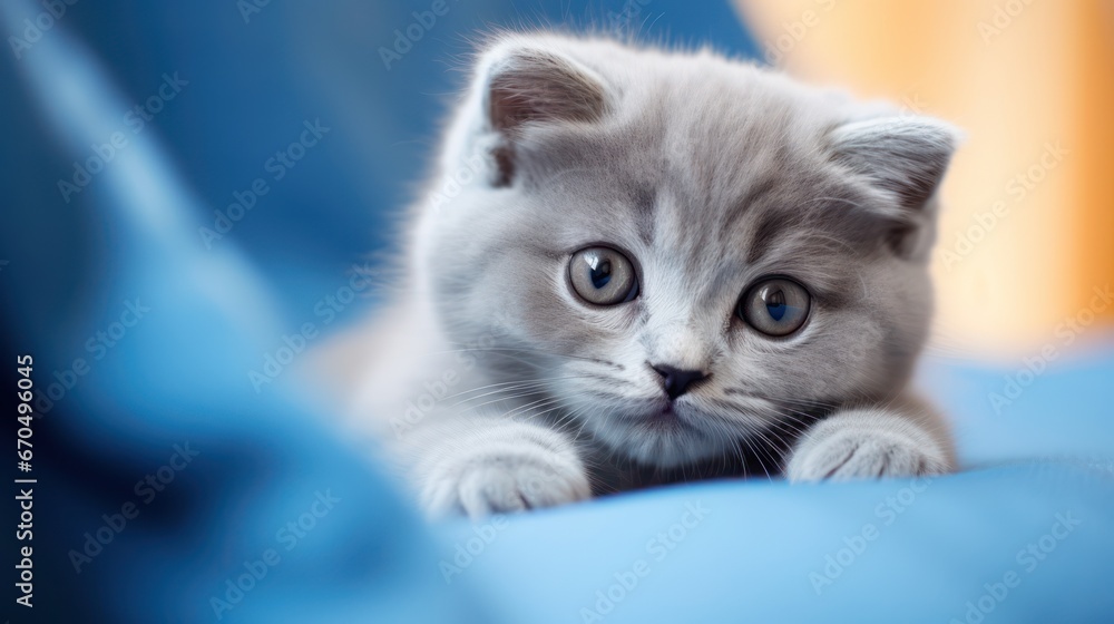 Cute little kitten on blue background. Shallow depth of field. Generative AI