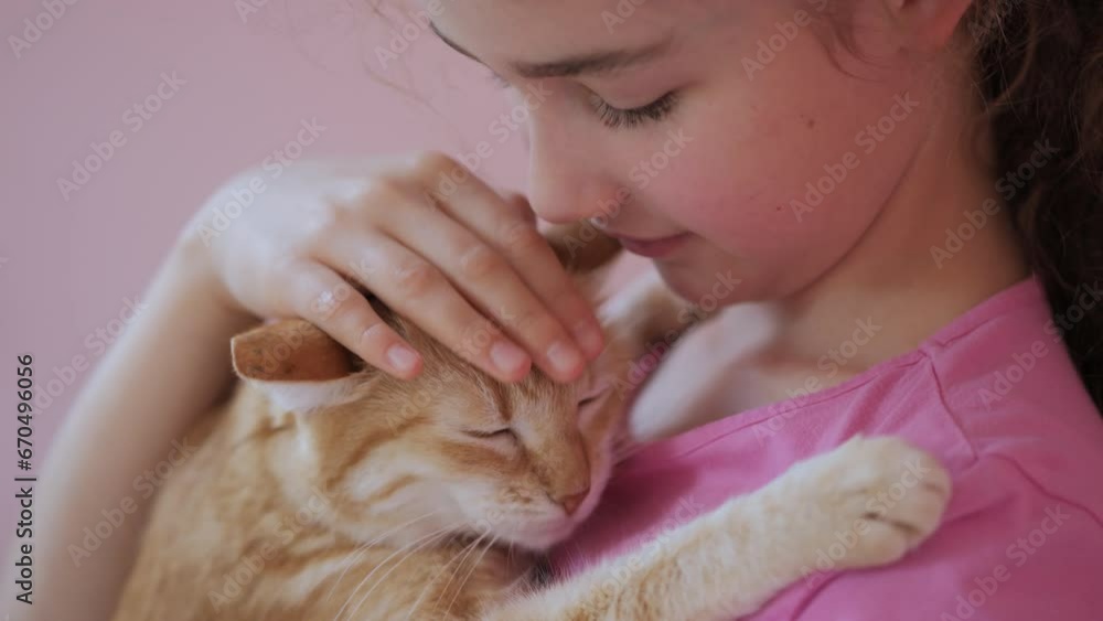 Little Girl Stroking Red Cat While Sitting on Bed, Pet Love. Child Stroking and Petting Cute Kitten. Relieving Stress Zootherapy. Close-up of Hands of Caring Child Stroking and Hugging Cat on Bed. Little Girl Stroking Red Cat While Sitting on Bed, Pet Love. Child Stroking and Petting Cute Kitten. Relieving Stress Zootherapy. Close-up of Hands of Caring Child Stroking and Hugging Cat on Bed.