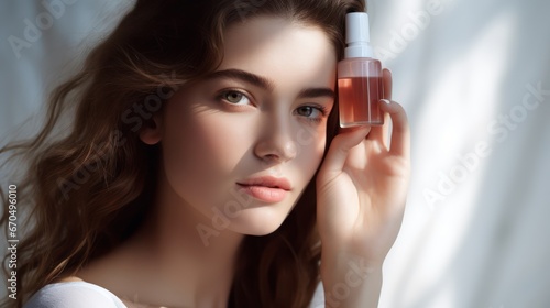 Beautiful young woman applying serum on her face. Skin care concept. Generative AI