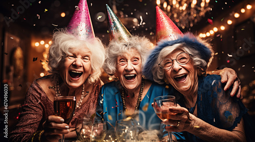 Three female seniors celebrating and having fun together