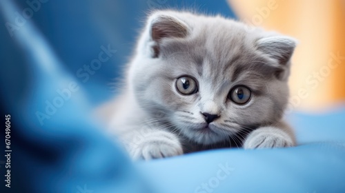 Cute little kitten on blue background. Shallow depth of field. Generative AI © Alex