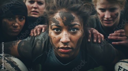 Diverse group of women playing rugby on a field. Female rugby player with dirty face. Generative AI
