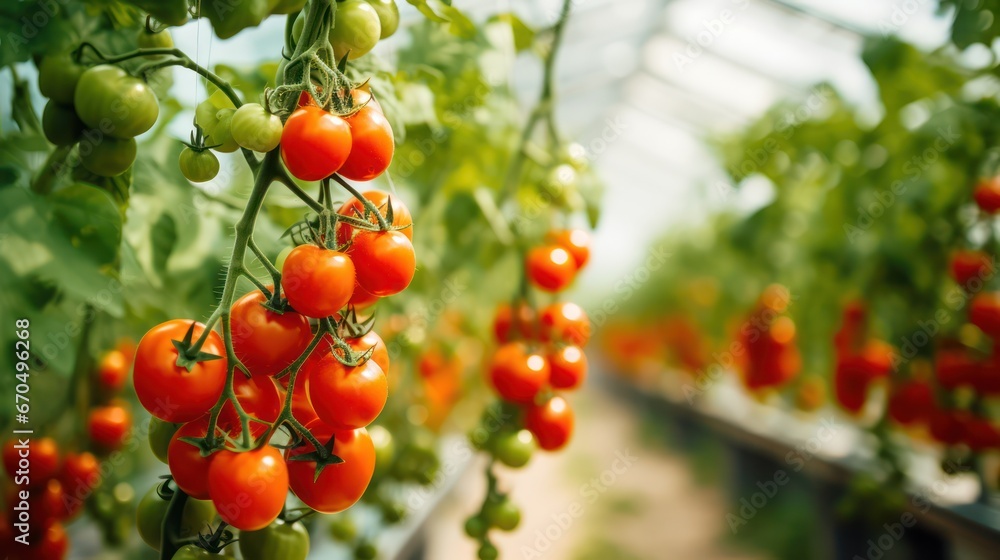 Ripe red cherry tomatoes growing on a branch in a greenhouse. Generative AI Ripe red cherry tomatoes growing on a branch in a greenhouse. Generative AI
