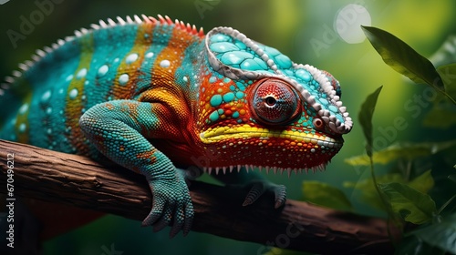 Chameleon near up. Multicolor Excellent Chameleon closeup reptile with colorful shinning skin. The concept of mask and shinning skins. Outlandish Tropical Pet