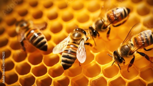 Close up view of the working bees on honeycells. Macro photography Generative AI