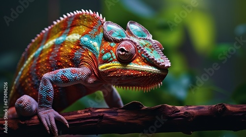 Chameleon near up. Multicolor Excellent Chameleon closeup reptile with colorful shinning skin. The concept of mask and shinning skins. Outlandish Tropical Pet