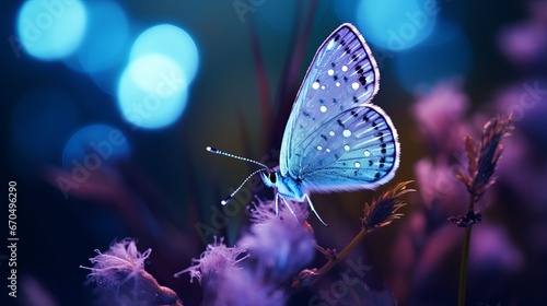 Butterfly within the grass on a meadow at night within the sparkling moonlight on nature in blue and purple tones, large scale. Astounding mysterious imaginative picture of a dream,