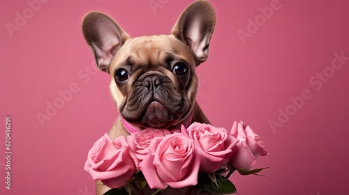 Canine holding a bouquet of tulips in his teeth on a pink foundation. Spring card for Valentine's Day, Women's Day, Birthday, Wedding © Elshad