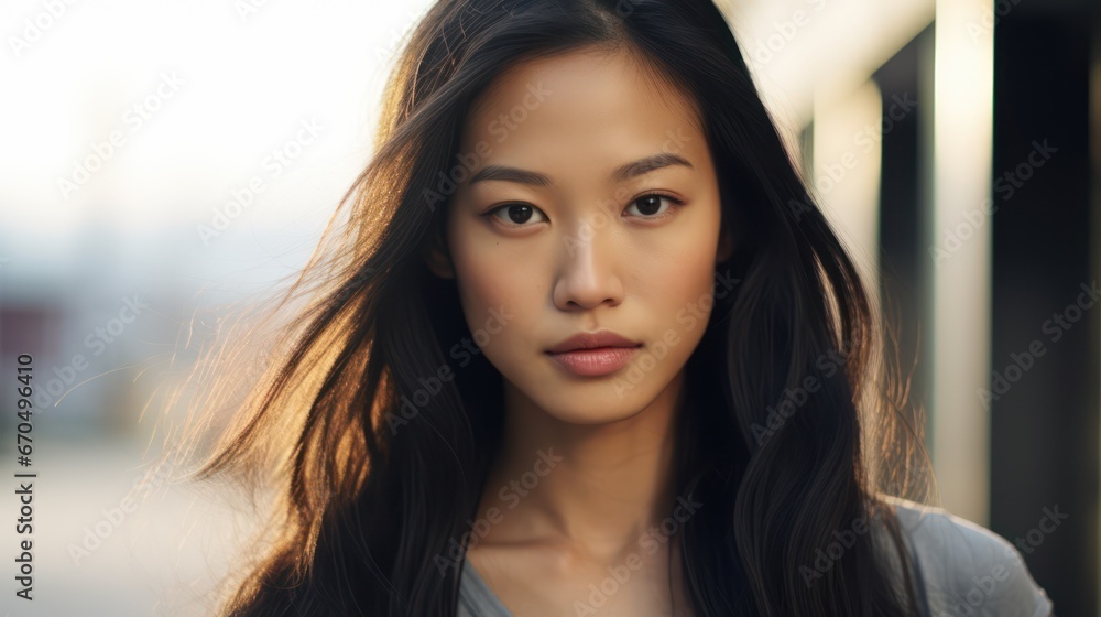 Naklejka premium Portrait of a beautiful asian woman with long straight hair. Generative AI