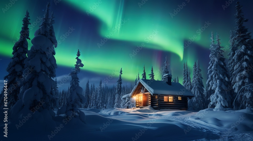 A winter scene with a singular wooden cabin and snow-covered fir trees. Aurora borealis. Northern lights in winter woodland. Christmas occasion and winter get-aways concept