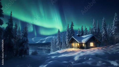 A winter scene with a singular wooden cabin and snow-covered fir trees. Aurora borealis. Northern lights in winter woodland. Christmas occasion and winter get-aways concept © Elshad