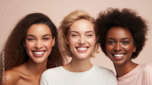 Group of happy multiethnic women with different hairstyles and makeup. Generative AI